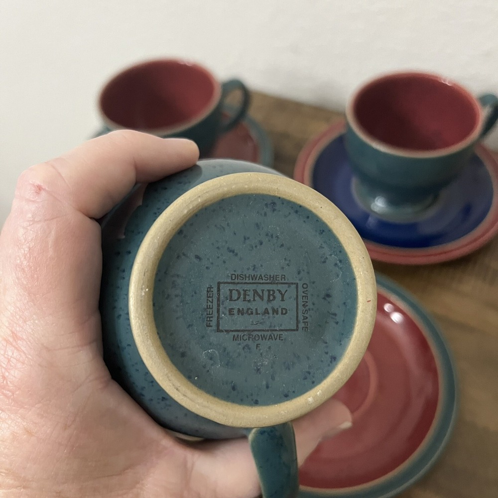 Denby Harlequin Footed Tea Cups and Saucers Pottery set‎ of 4 Made England - Picture 3 of 3